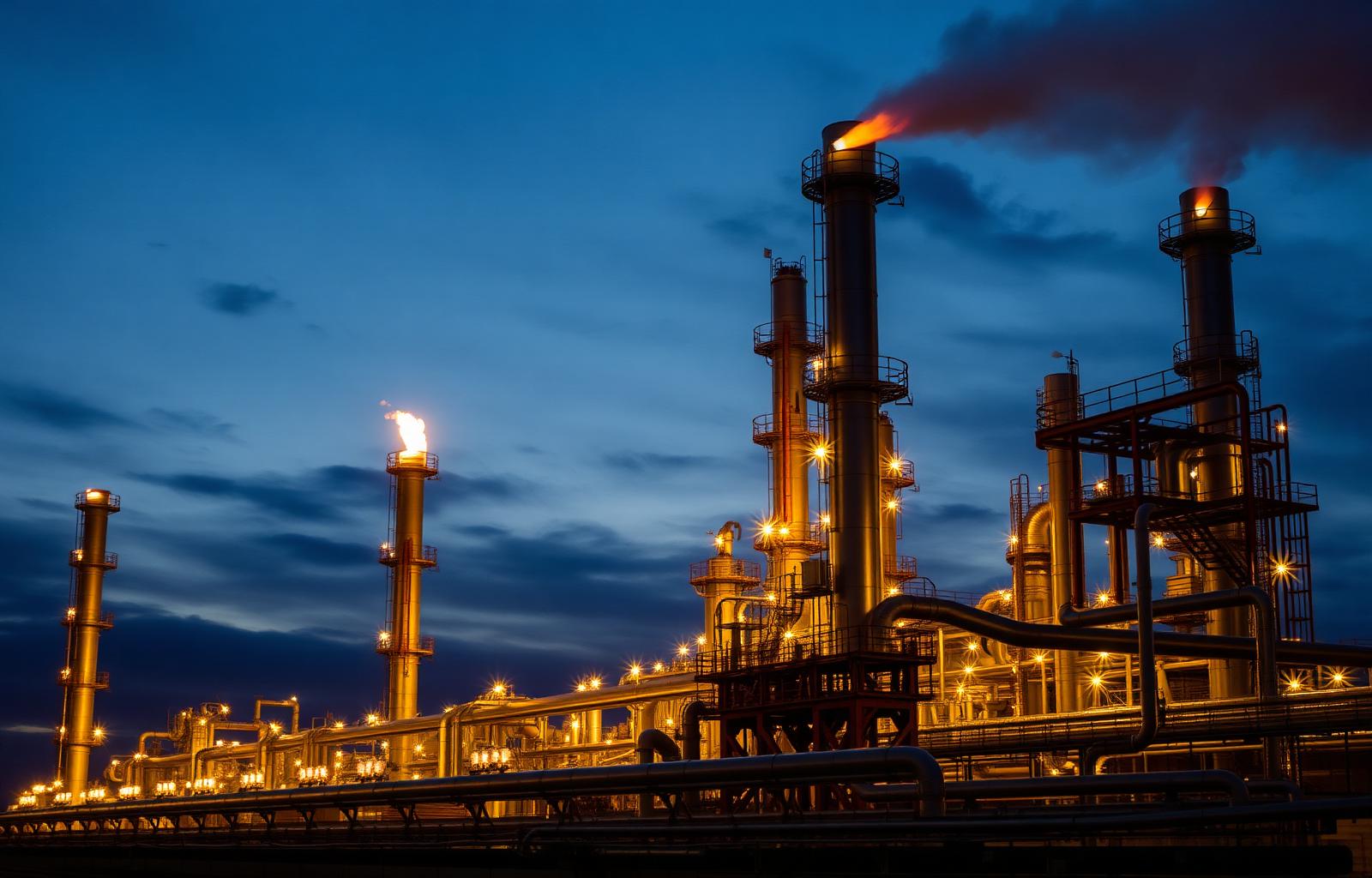 Industrial gas processing plant at dusk